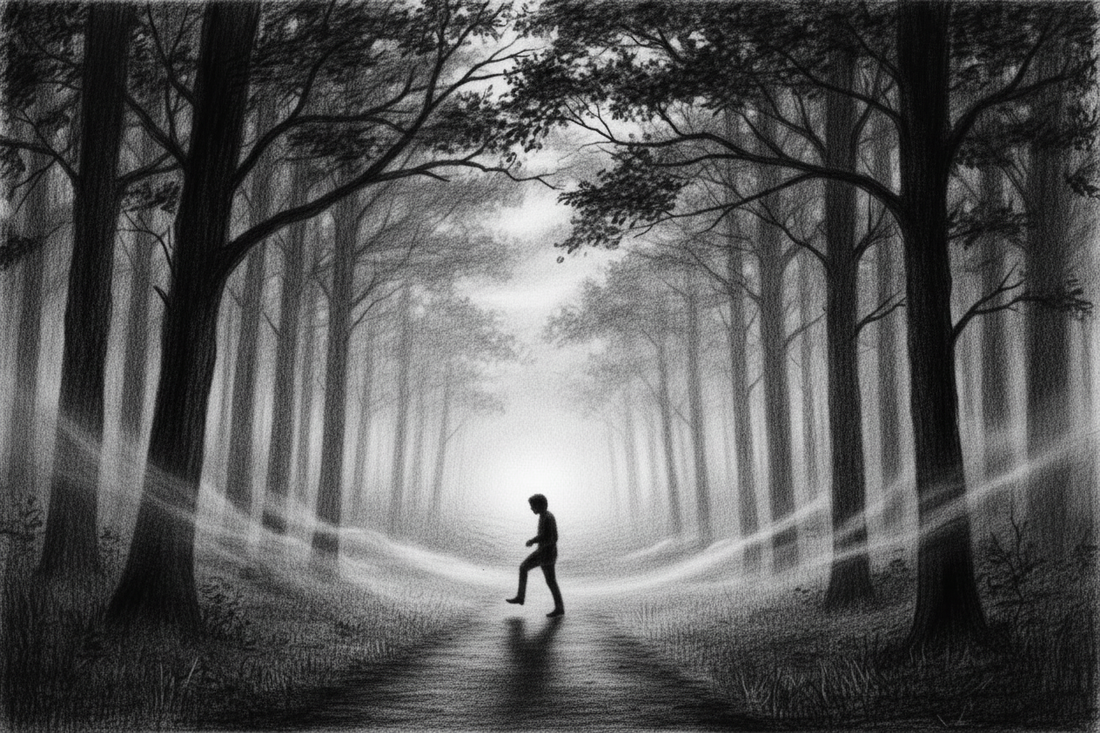 Black-and-white graphite drawing of a person taking one step along a forest path toward welcoming light