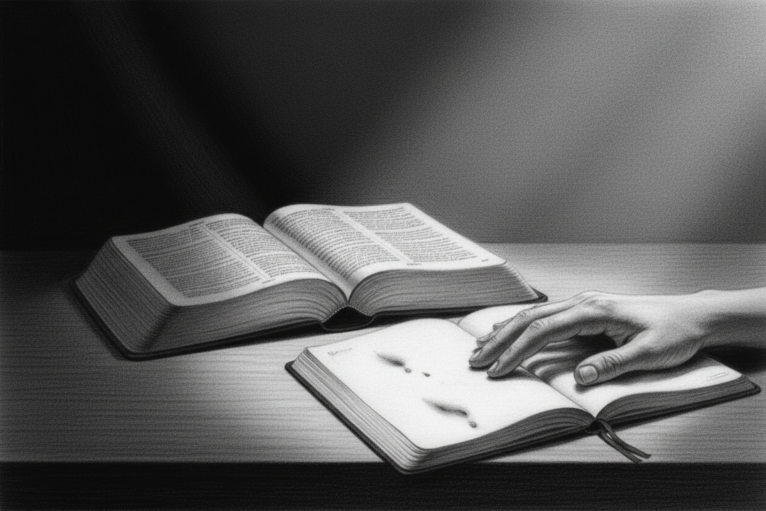 Black-and-white graphite drawing of an open Bible beside a tear-marked journal and a resting hand in soft morning light