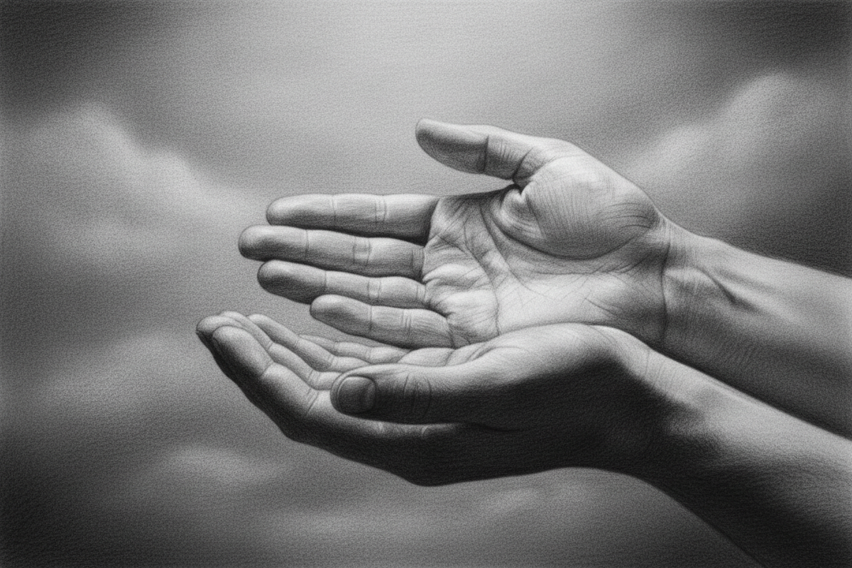 Black-and-white graphite drawing of two open hands illuminated by gentle light against a quiet background