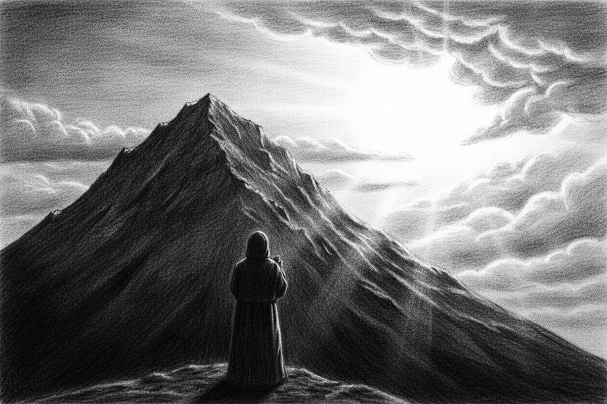 Black-and-white graphite drawing of a person looking beyond a steep mountain toward light breaking through the clouds