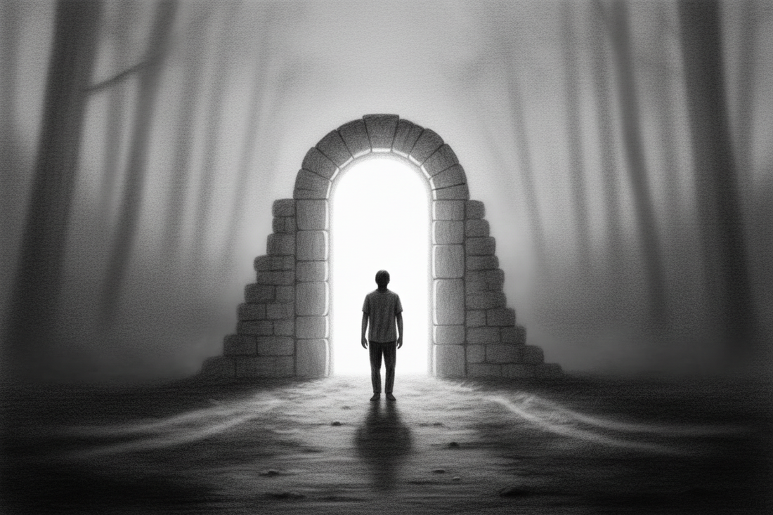 Black-and-white graphite drawing of a weary person approaching an open doorway filled with welcoming light