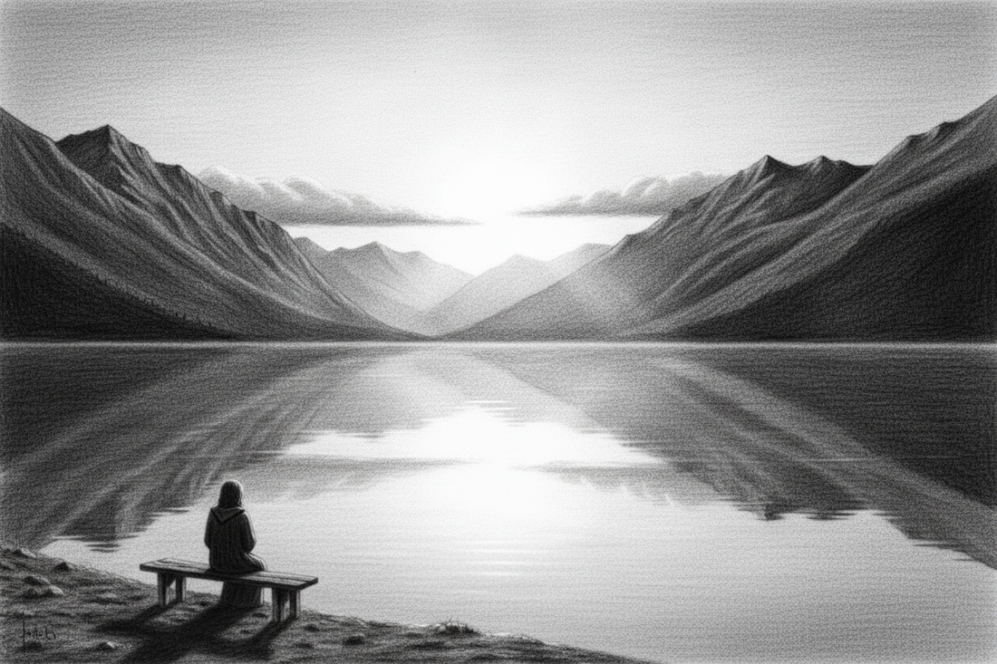Black-and-white graphite drawing of a glasslike mountain lake at dawn with an empty bench on the quiet shoreline