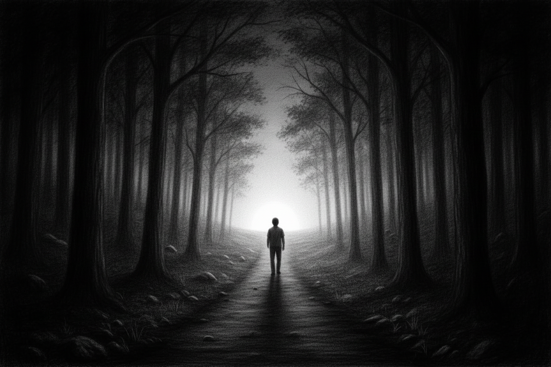 Black-and-white graphite drawing of a traveler following a shadowed valley road into a bright sunrise landscape