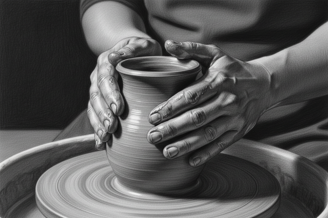 Black-and-white graphite drawing of a potter’s careful hands shaping an unfinished clay vessel on a wheel