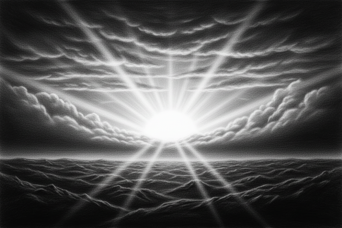 Black-and-white graphite drawing of brilliant sunlight breaking through deep storm clouds over a dark landscape