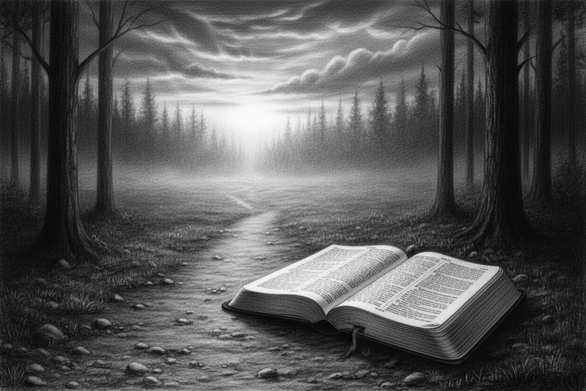 Black-and-white graphite drawing of an open Bible illuminating the next steps of a narrow path at dawn