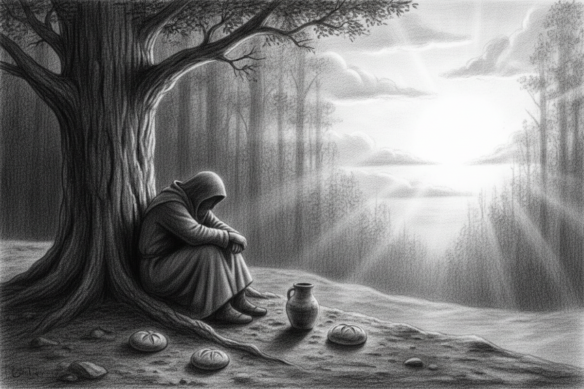 Black-and-white graphite drawing of a weary traveler resting beneath a tree with bread and water nearby as morning light appears