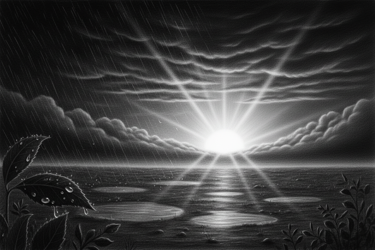 Black-and-white graphite drawing of morning light breaking through lingering storm clouds over rain-soaked ground