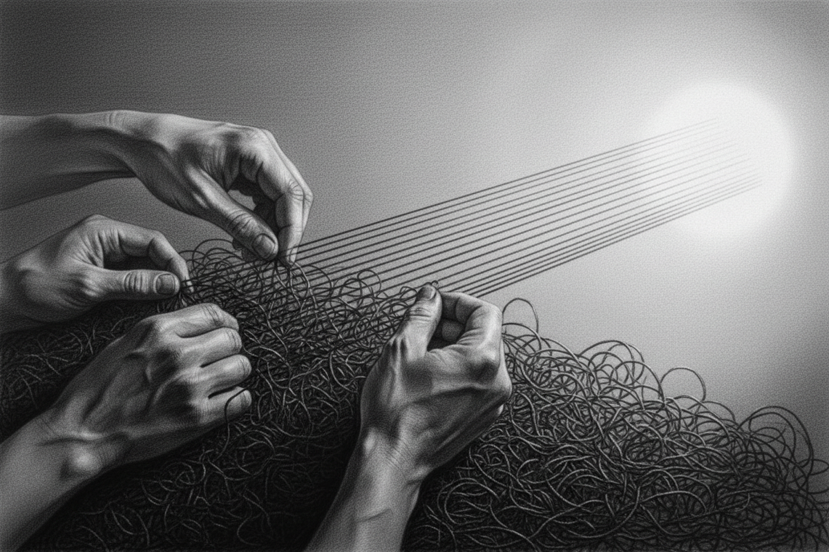 Black-and-white graphite drawing of careful hands separating tangled dark threads as the strands move toward clear light