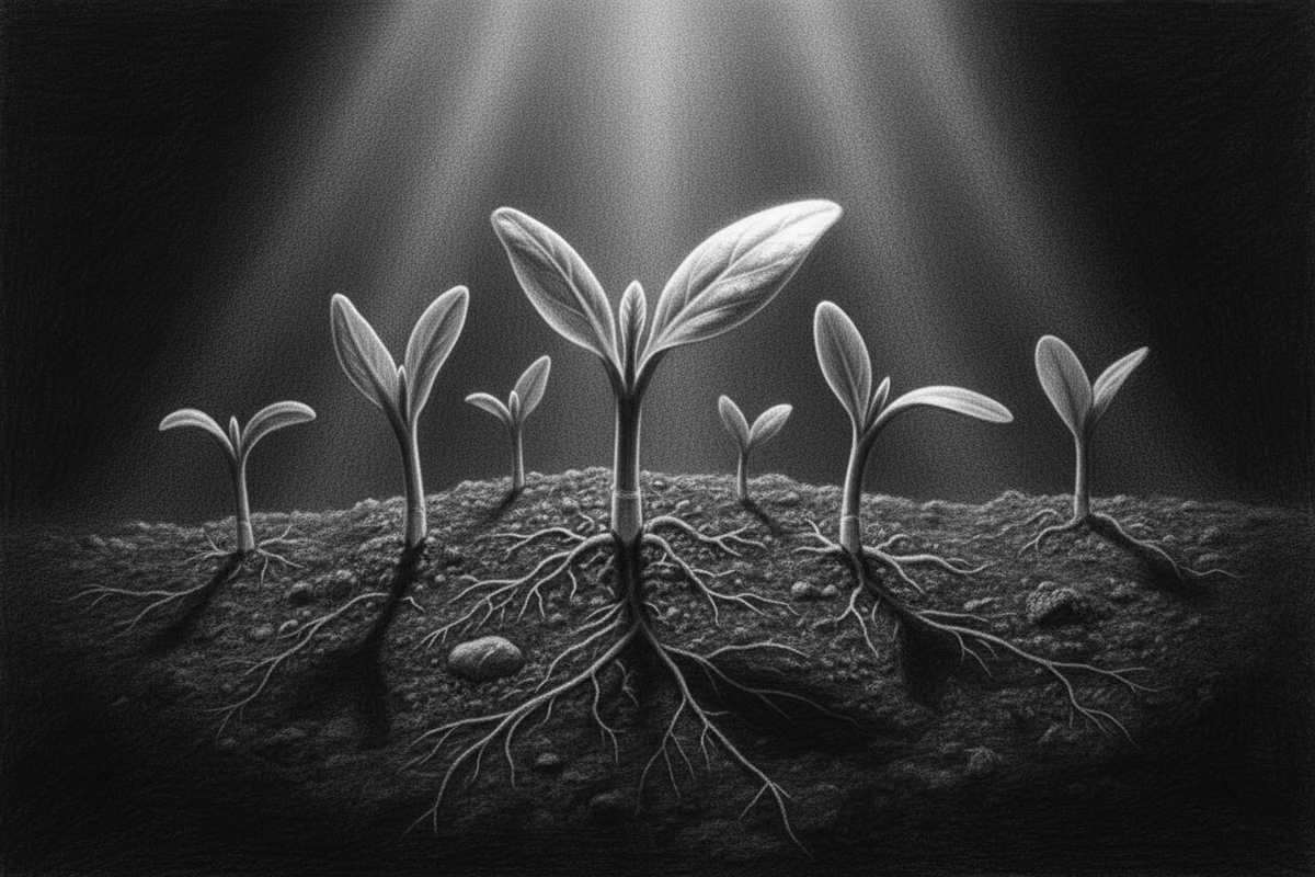 Black-and-white graphite drawing of fresh young growth emerging from dark soil into bright morning light