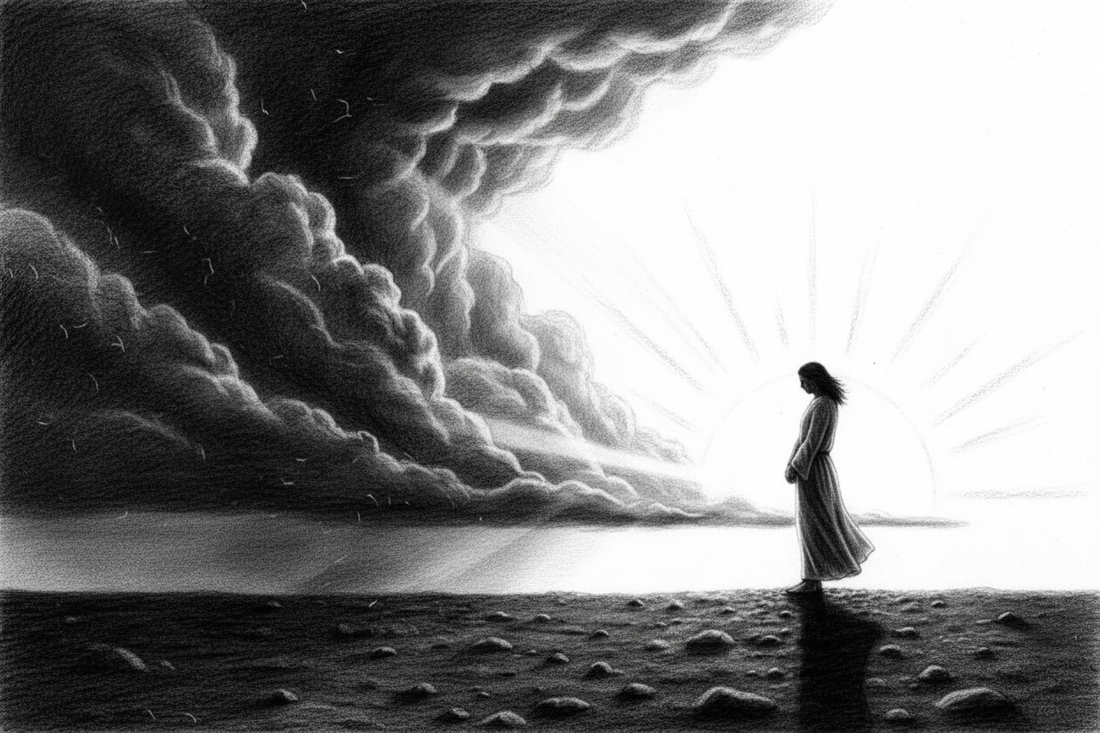 Black-and-white graphite drawing of a steady figure facing brilliant morning light breaking through a dark retreating storm