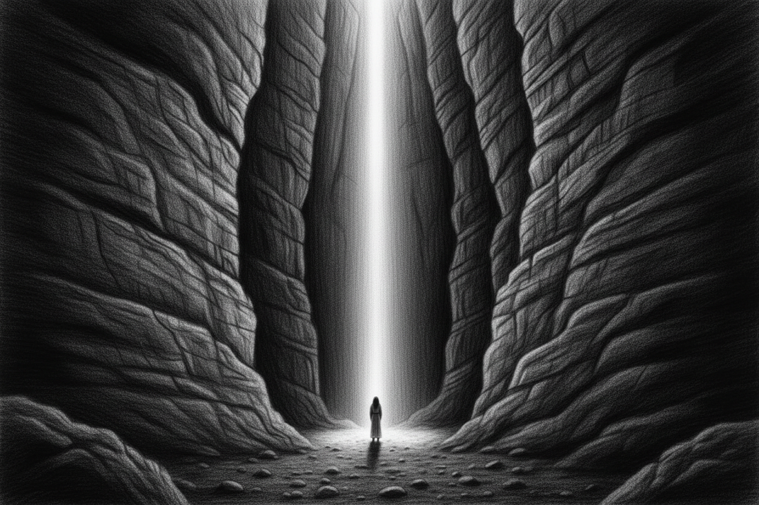 Black-and-white graphite drawing of morning light reaching a solitary person at the bottom of a deep rocky canyon