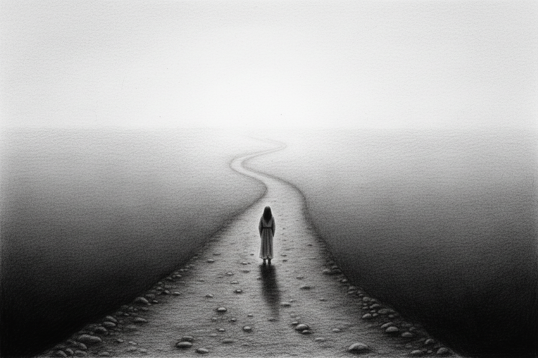 Black-and-white graphite drawing of a traveler following a narrow path through heavy fog toward steady morning light