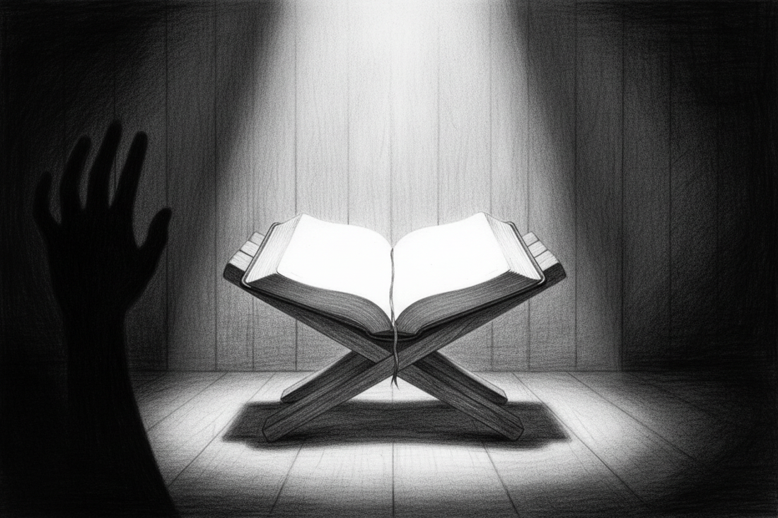 Black-and-white graphite drawing of an open Bible in protective courtroom light with an accusing shadow held at the edge