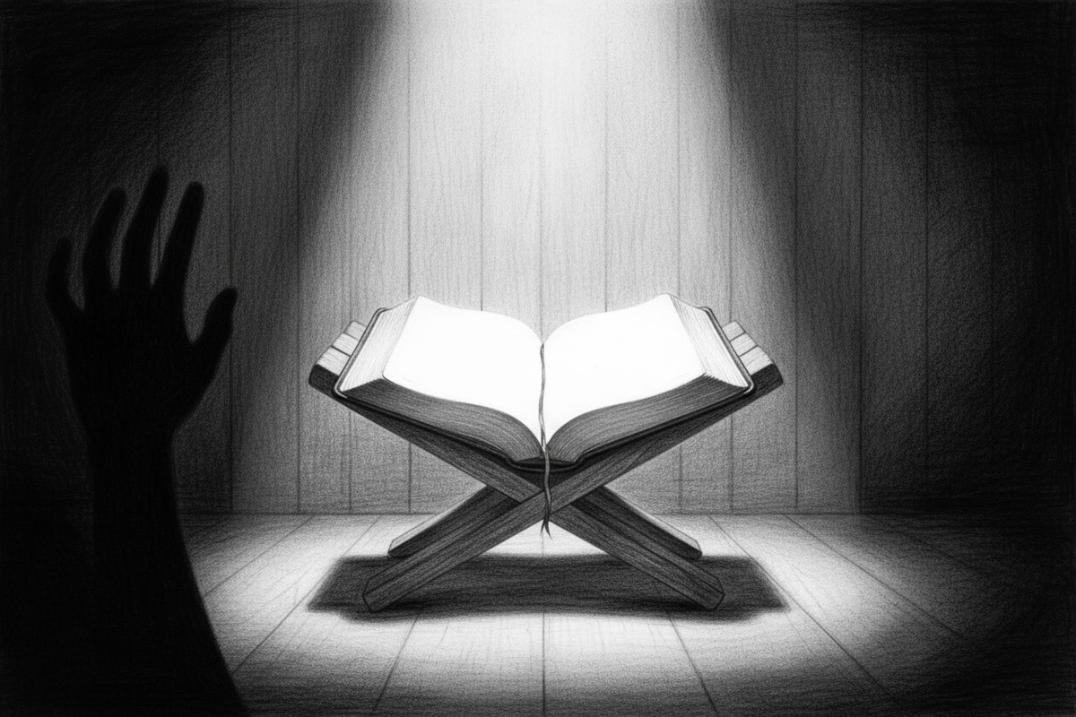 Black-and-white graphite drawing of an open Bible in protective courtroom light with an accusing shadow held at the edge