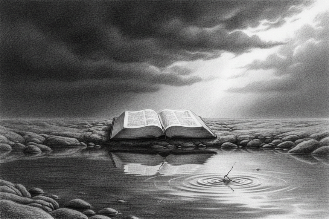 Black-and-white graphite drawing of an open Bible beside rippled water as dark storm clouds begin to clear