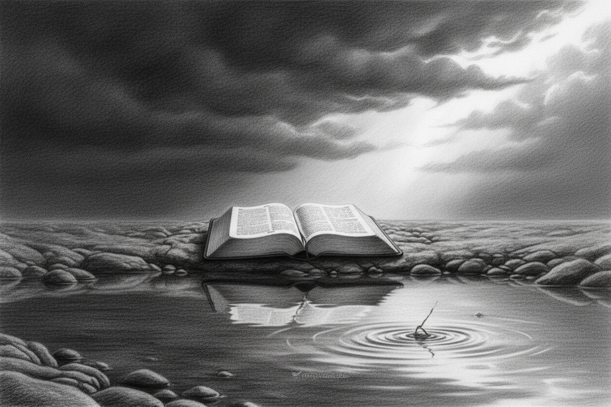 Black-and-white graphite drawing of an open Bible beside rippled water as dark storm clouds begin to clear