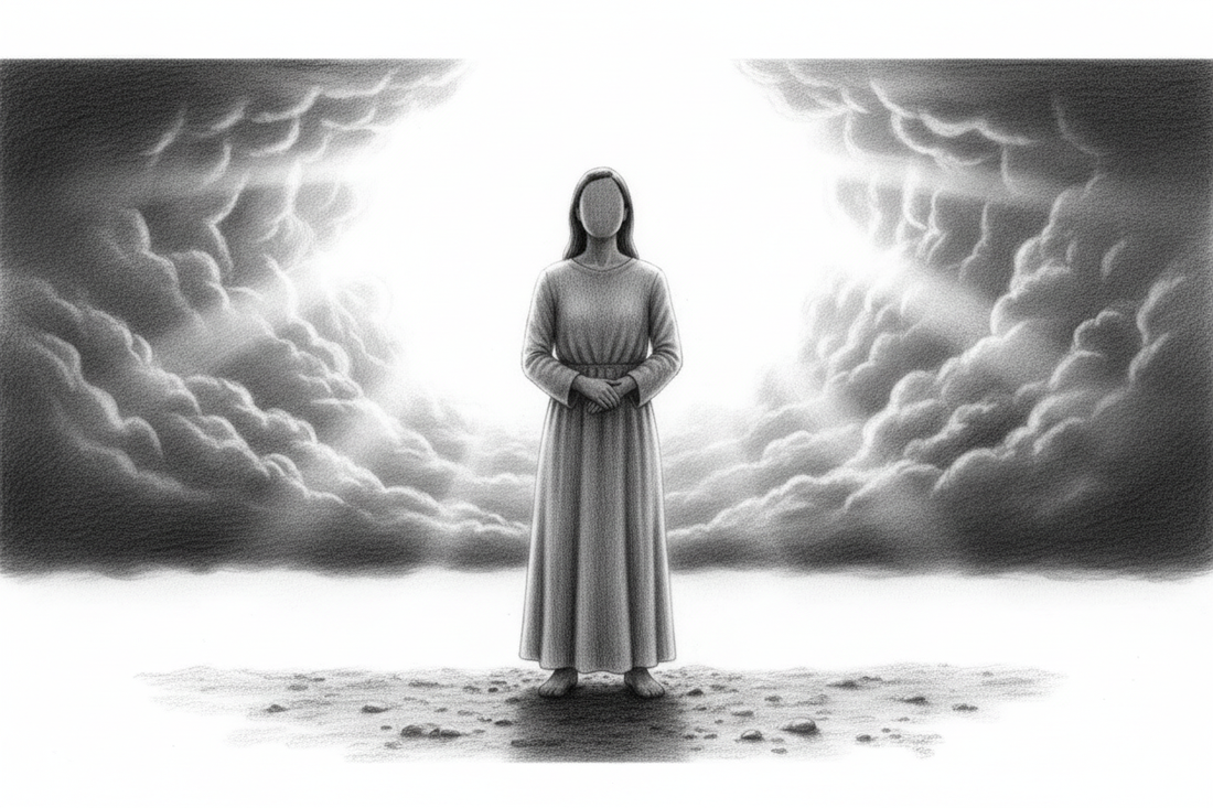 Black-and-white graphite drawing of a calm figure standing in morning light while heavy storm clouds retreat behind them
