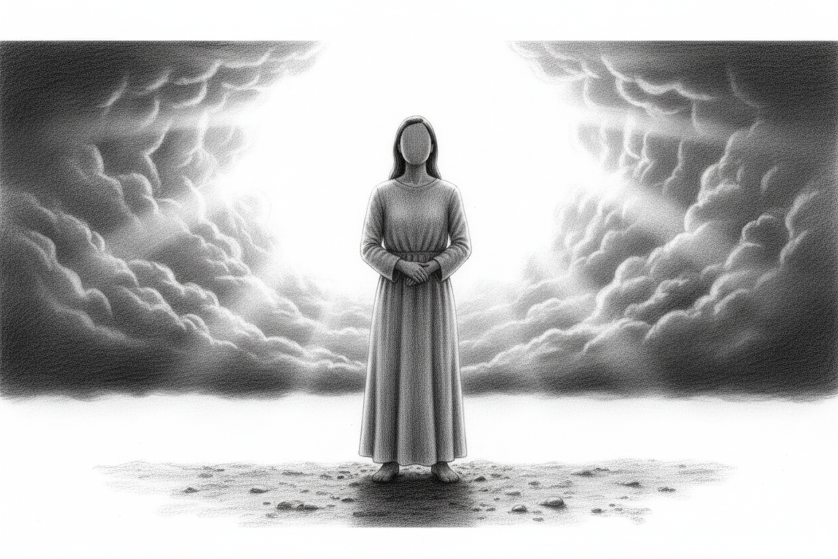 Black-and-white graphite drawing of a calm figure standing in morning light while heavy storm clouds retreat behind them