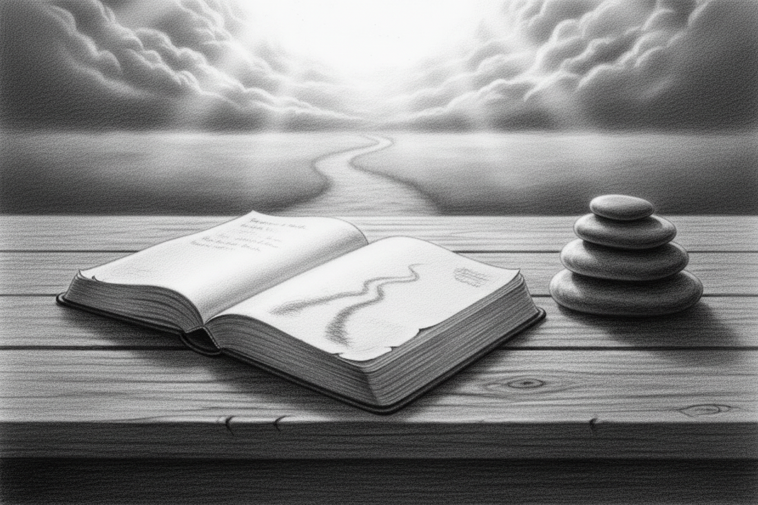 Black-and-white graphite drawing of a worn journal and memorial stones illuminated by gentle morning light