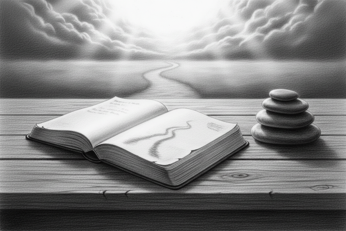 Black-and-white graphite drawing of a worn journal and memorial stones illuminated by gentle morning light