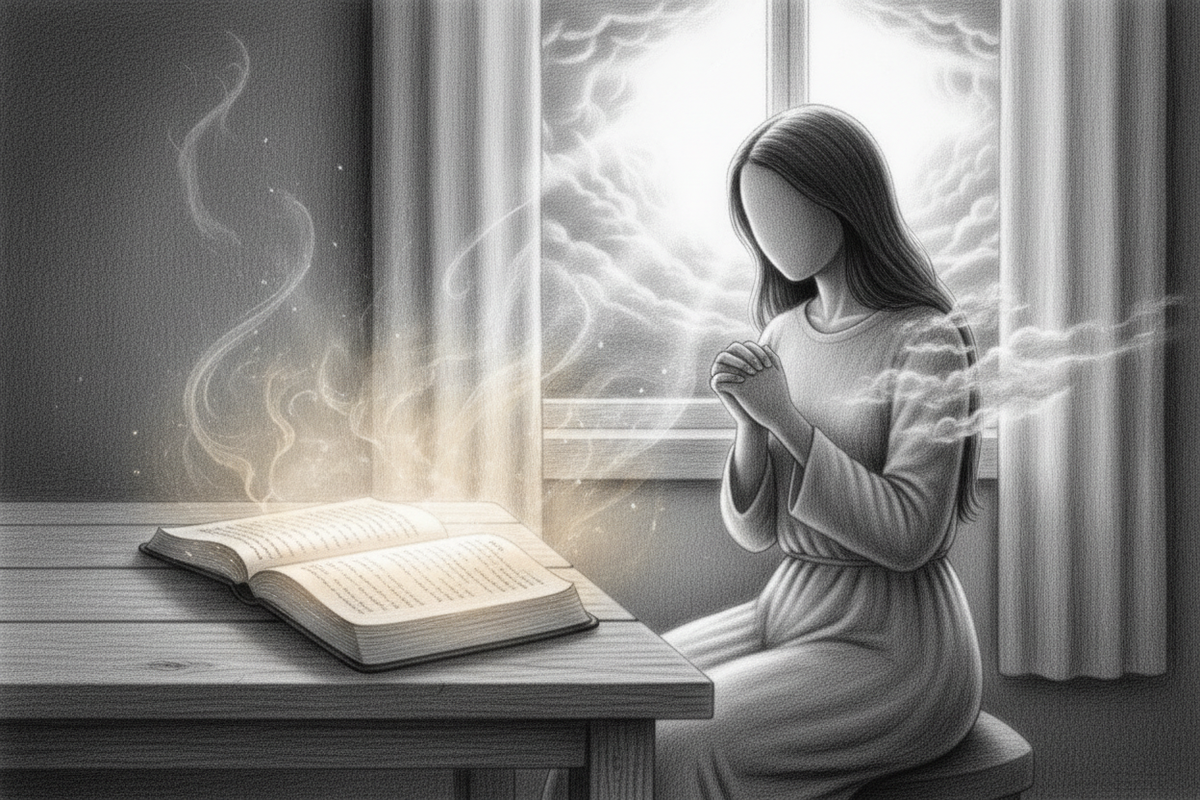 Black-and-white graphite drawing of a thoughtful reader illuminated by transforming light from an open Bible