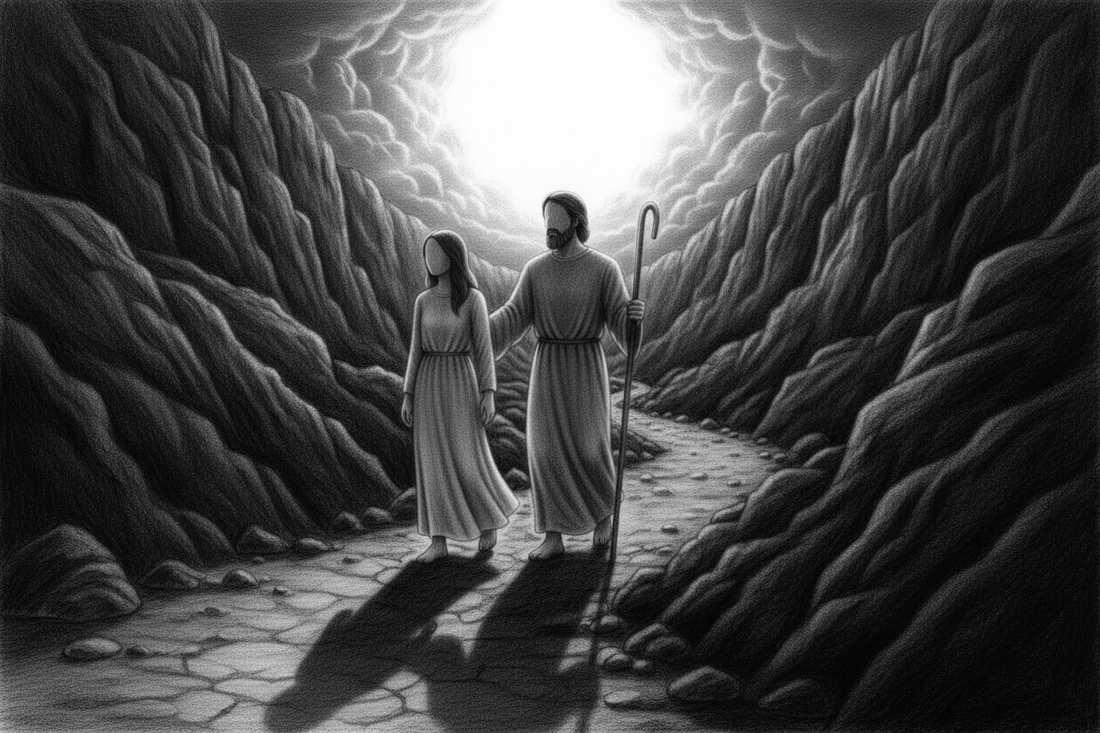 Black-and-white graphite drawing of a barefoot traveler walking through a shadowed valley beside a gentle shepherd