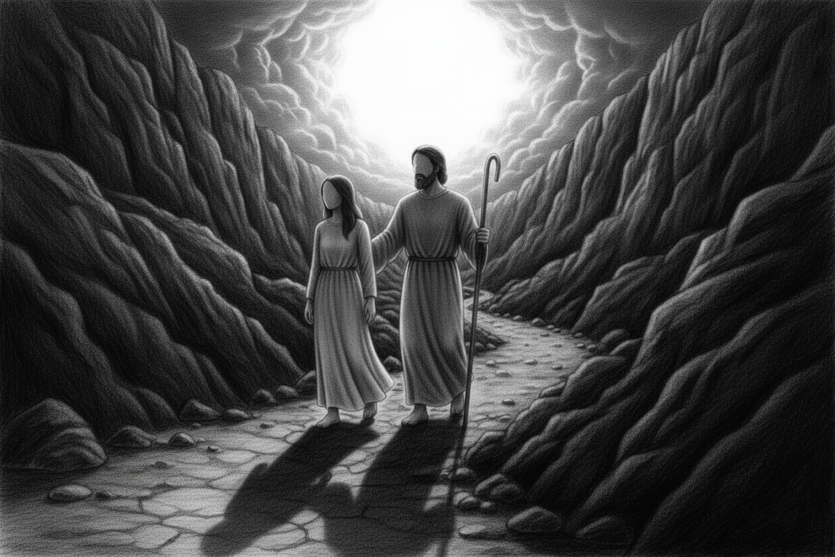 Black-and-white graphite drawing of a barefoot traveler walking through a shadowed valley beside a gentle shepherd