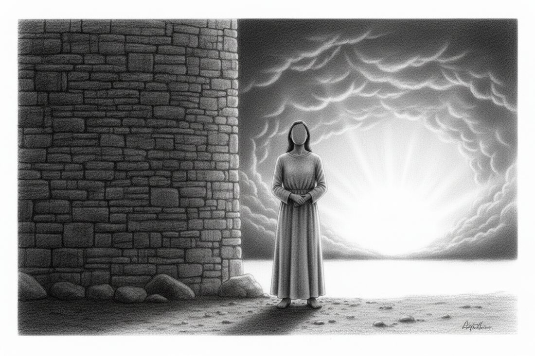 Black-and-white graphite drawing of a barefoot traveler beside a strong stone refuge as a violent storm retreats into sunrise
