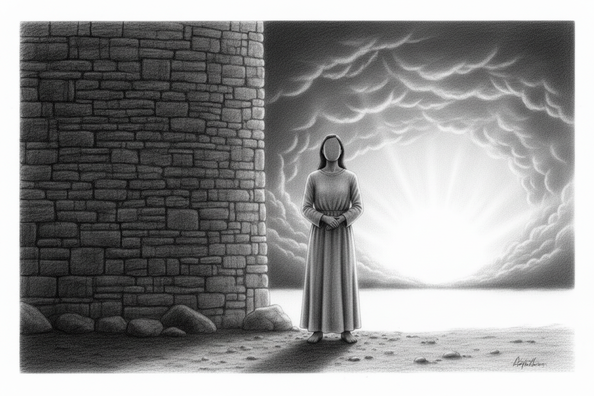 Black-and-white graphite drawing of a barefoot traveler beside a strong stone refuge as a violent storm retreats into sunrise
