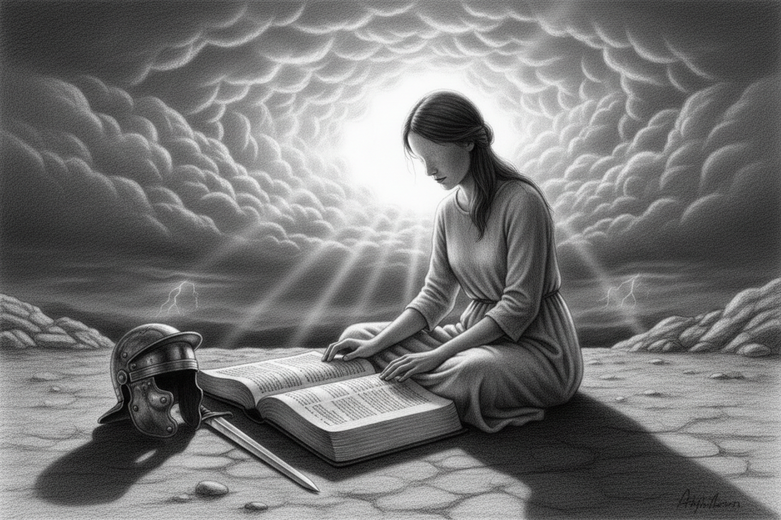 Black-and-white graphite drawing of a barefoot believer preparing with an open Bible and ancient armor before an approaching storm