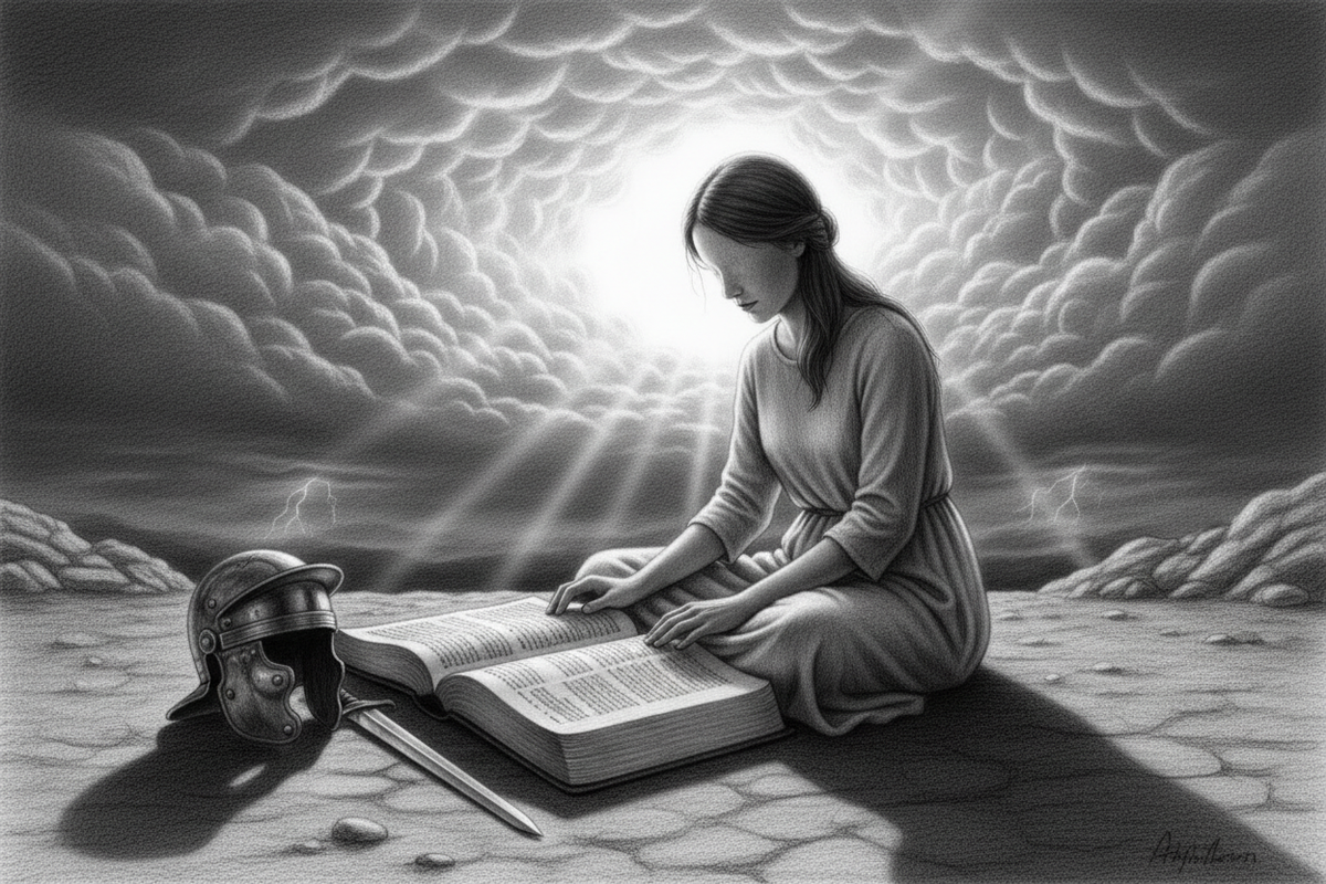 Black-and-white graphite drawing of a barefoot believer preparing with an open Bible and ancient armor before an approaching storm