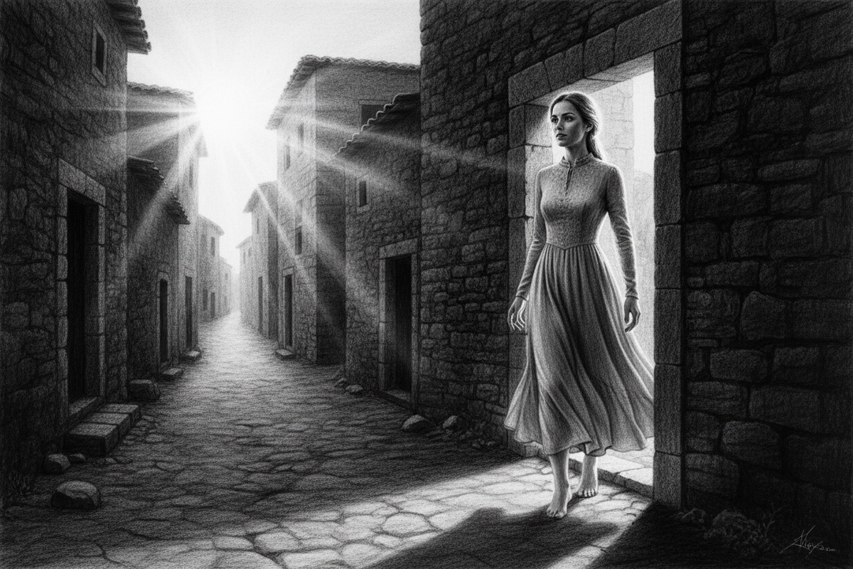 Black-and-white graphite drawing of a barefoot woman in a modest dress stepping from shadow into sunrise over a dark village