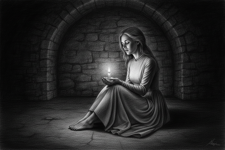 Black-and-white graphite drawing of a barefoot woman in a modest dress resting beside a steady candle in a dark room