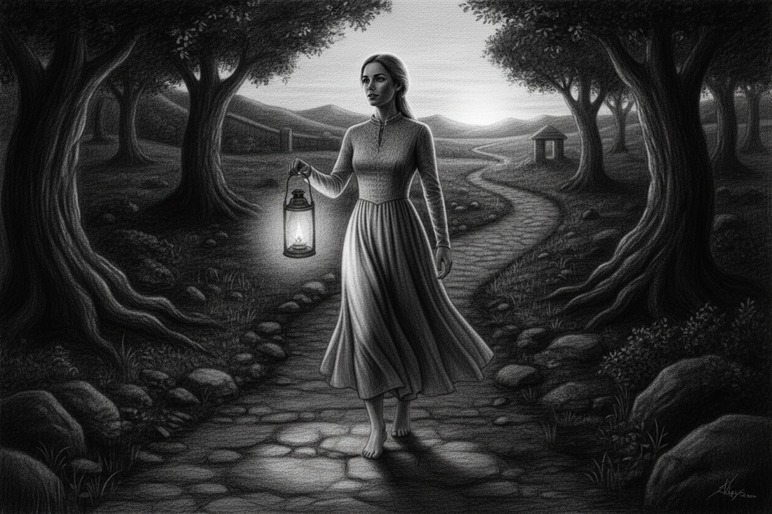 Black-and-white graphite drawing of a woman representing the church walking barefoot on holy ground with a lantern lighting a dark path