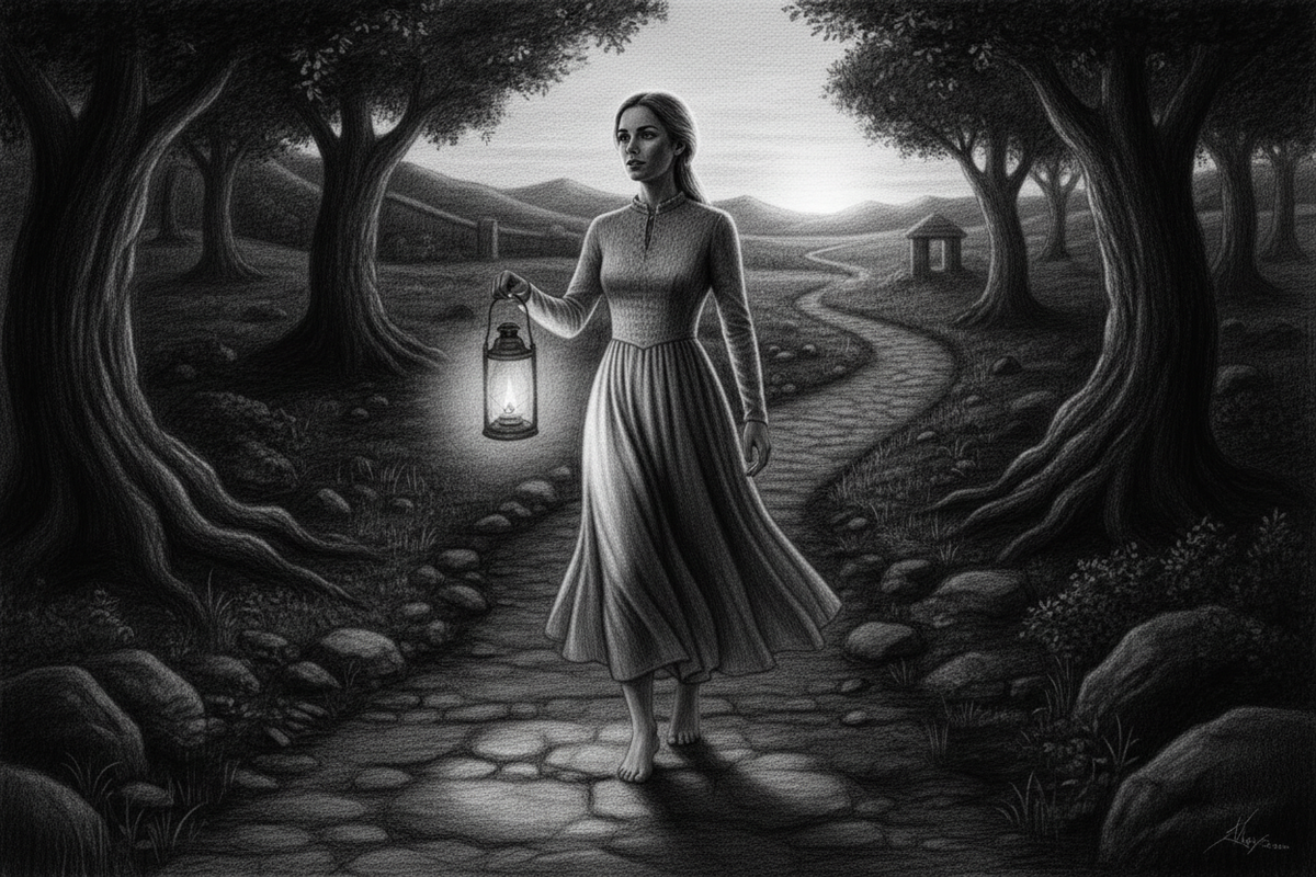Black-and-white graphite drawing of a woman representing the church walking barefoot on holy ground with a lantern lighting a dark path