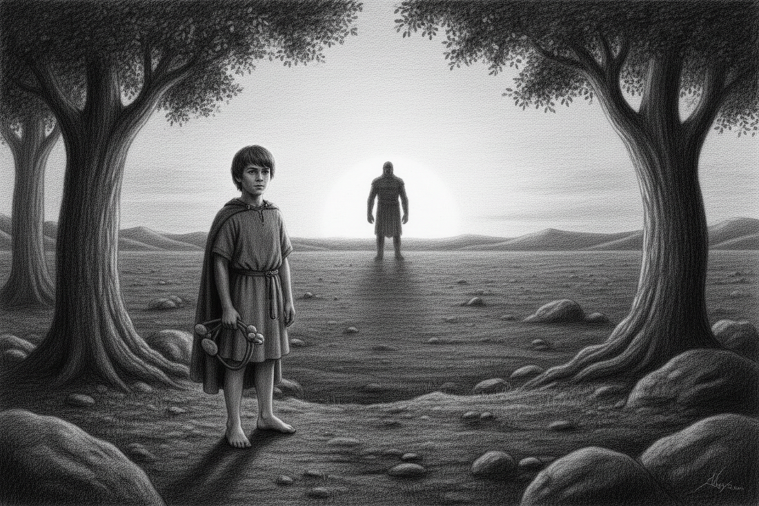 Black-and-white graphite drawing of barefoot David standing with his sling before Goliath’s distant silhouette at sunrise