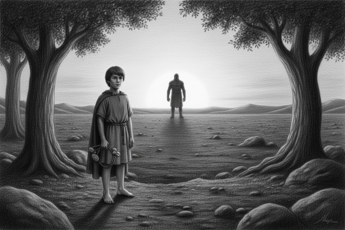 Black-and-white graphite drawing of barefoot David standing with his sling before Goliath’s distant silhouette at sunrise