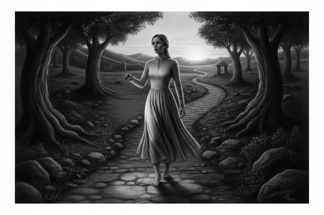 Black-and-white graphite drawing of a Jewish woman representing the church standing barefoot on holy ground as light surrounds her and fear recedes