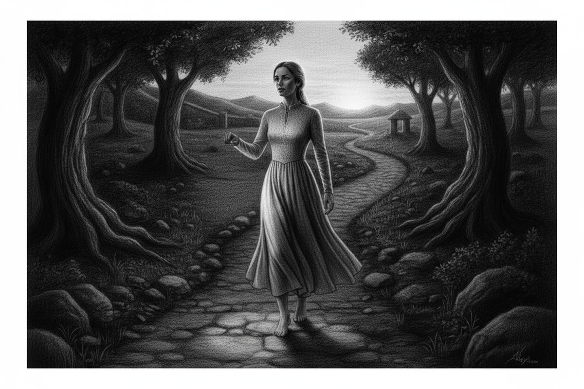 Black-and-white graphite drawing of a Jewish woman representing the church standing barefoot on holy ground as light surrounds her and fear recedes