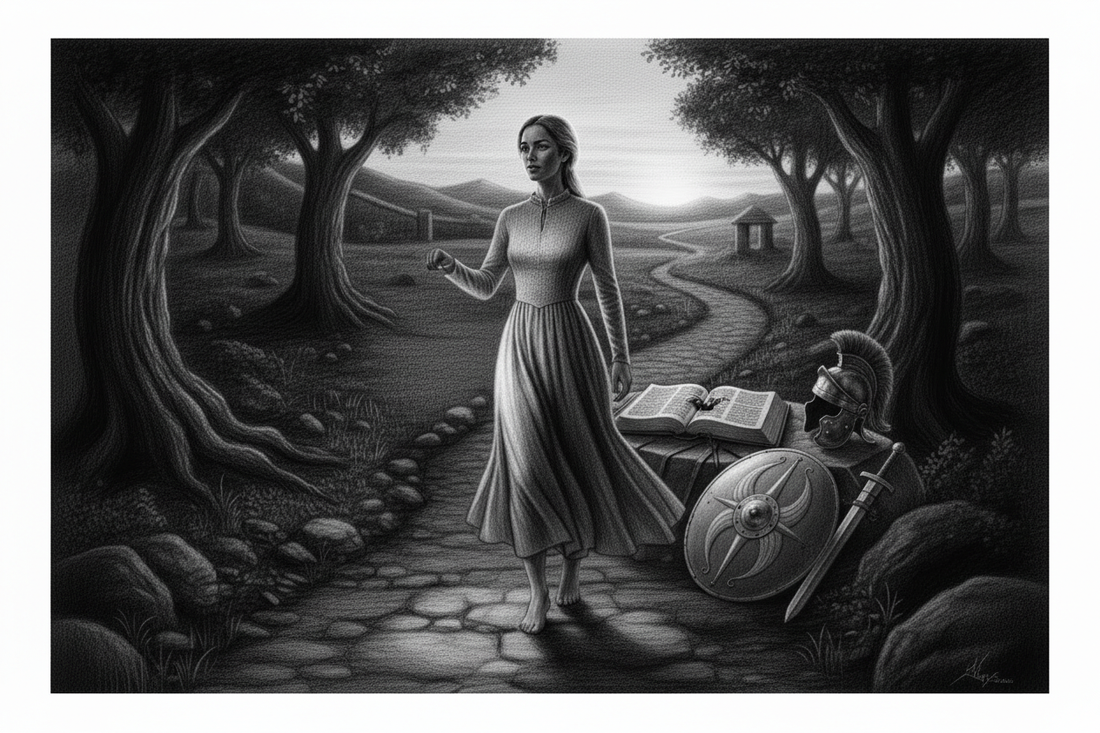 Black-and-white graphite drawing of a Jewish woman representing the church standing barefoot beside an open Bible and the armor of God
