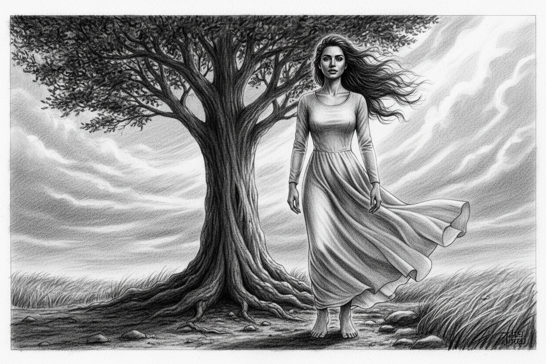 Black-and-white graphite drawing of a Jewish woman representing the church standing barefoot beside a deeply rooted tree in strong wind