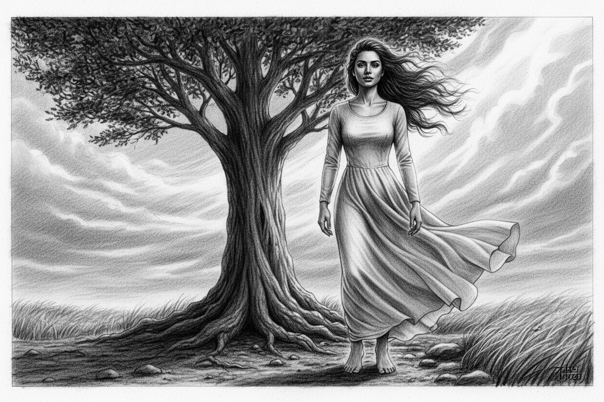 Black-and-white graphite drawing of a Jewish woman representing the church standing barefoot beside a deeply rooted tree in strong wind