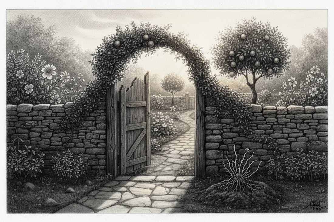 Black-and-white graphite drawing of a flourishing garden protected by a stone wall with an open gate and morning light