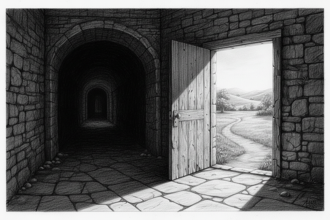 Black-and-white graphite drawing of a dark stone passage with a clearly lit open doorway leading to a safe path