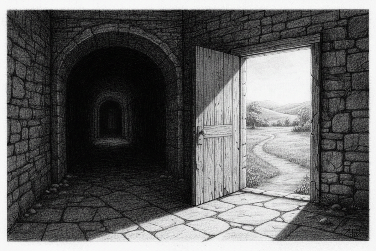 Black-and-white graphite drawing of a dark stone passage with a clearly lit open doorway leading to a safe path