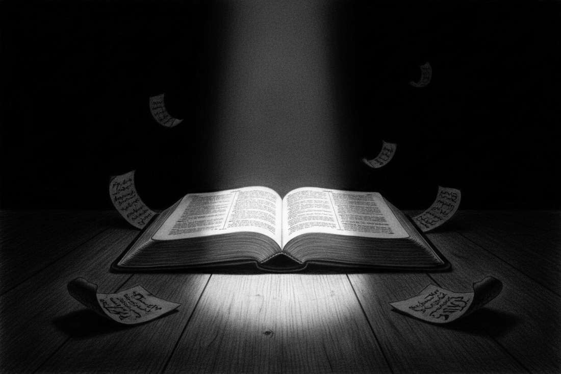 Black-and-white graphite drawing of an open Bible illuminated by a clear beam of light cutting through deep shadow