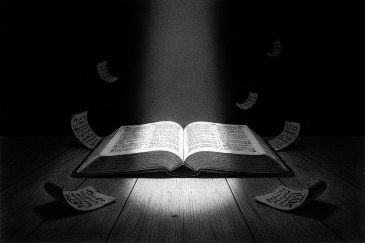 Black-and-white graphite drawing of an open Bible illuminated by a clear beam of light cutting through deep shadow