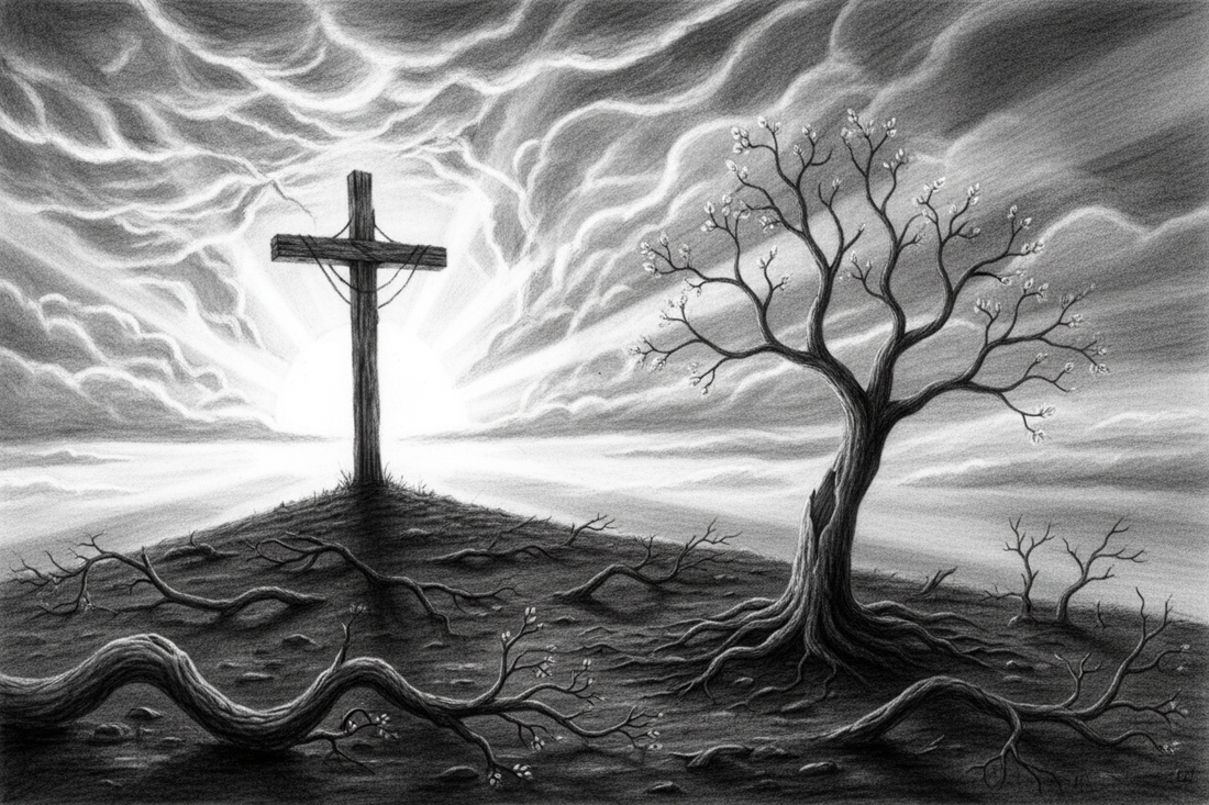 Black-and-white graphite drawing of a cross at sunrise above storm-broken orchard branches and a deeply rooted living tree