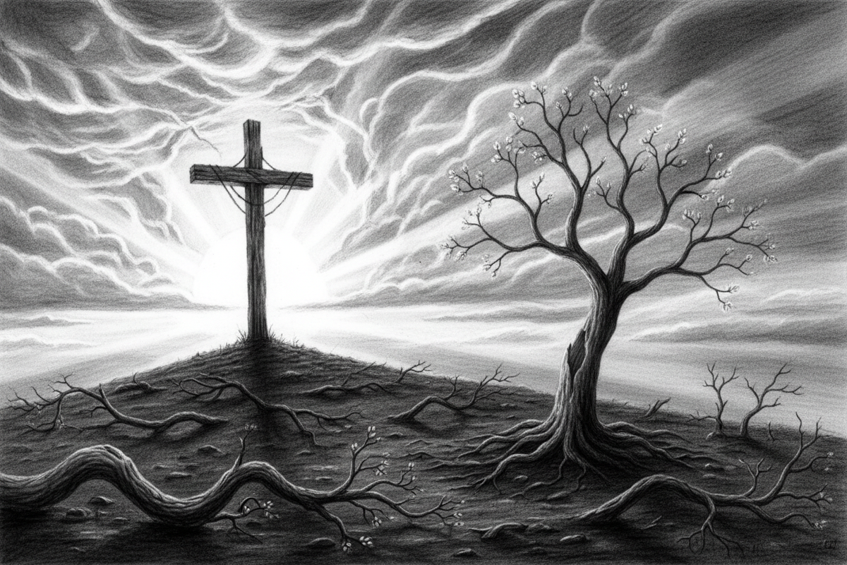 Black-and-white graphite drawing of a cross at sunrise above storm-broken orchard branches and a deeply rooted living tree